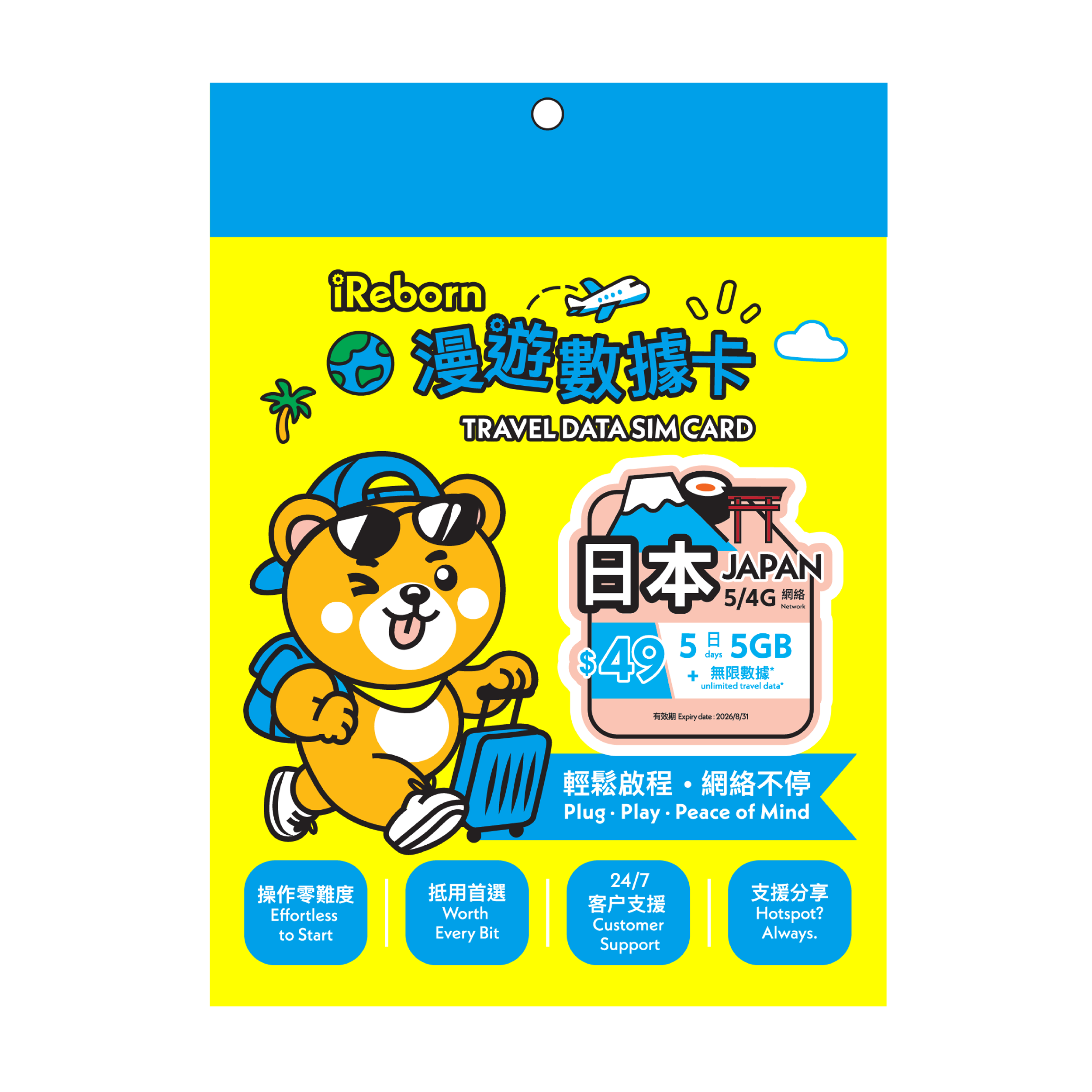 (限時限量優惠,每訂單限買1張) $9 日本5/4G 5日5GB漫遊數據卡- iReborn 漫遊數據卡