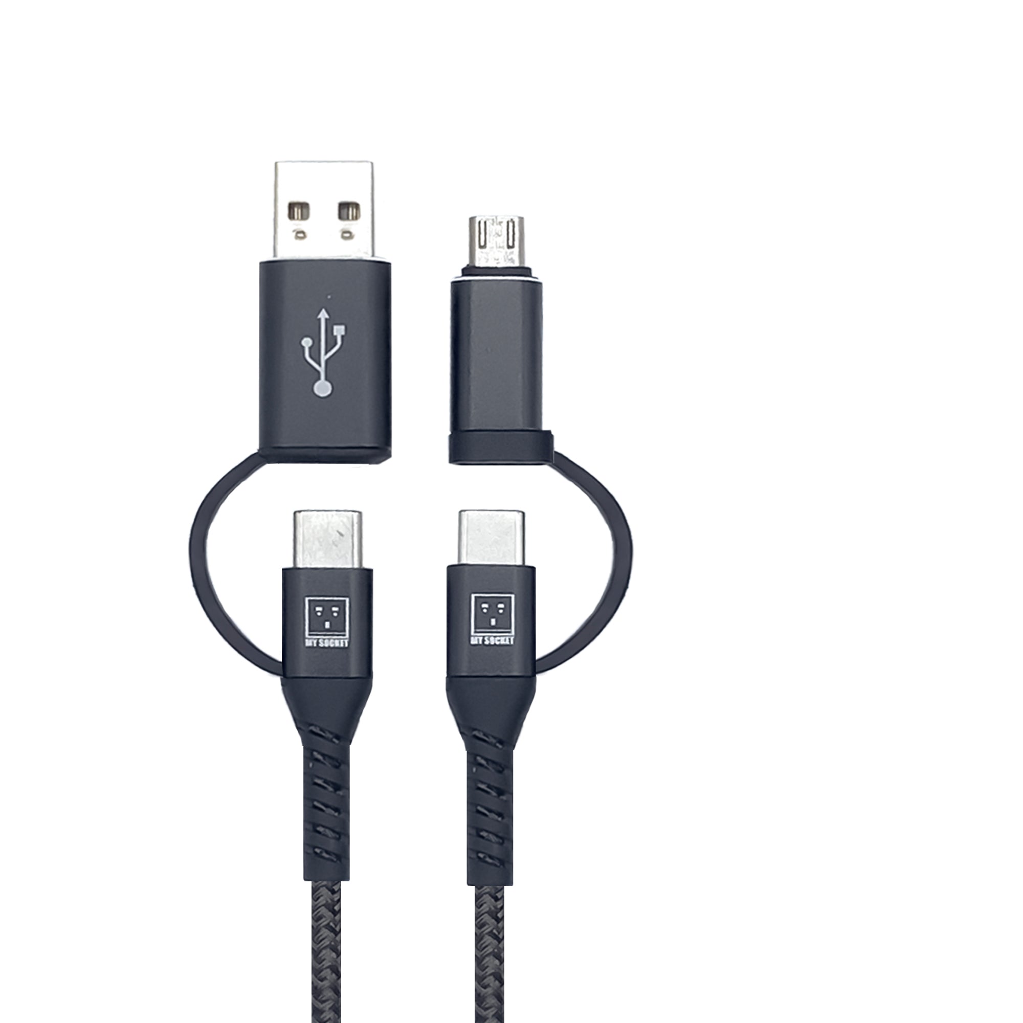 MYSOCKET USB 4合1多功能充電線，1.2米長，支持多種設備連接，適合多用途充電需求。